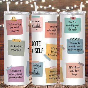 Note to Self Positivity Self Care 20 fl oz metal skinny tumbler